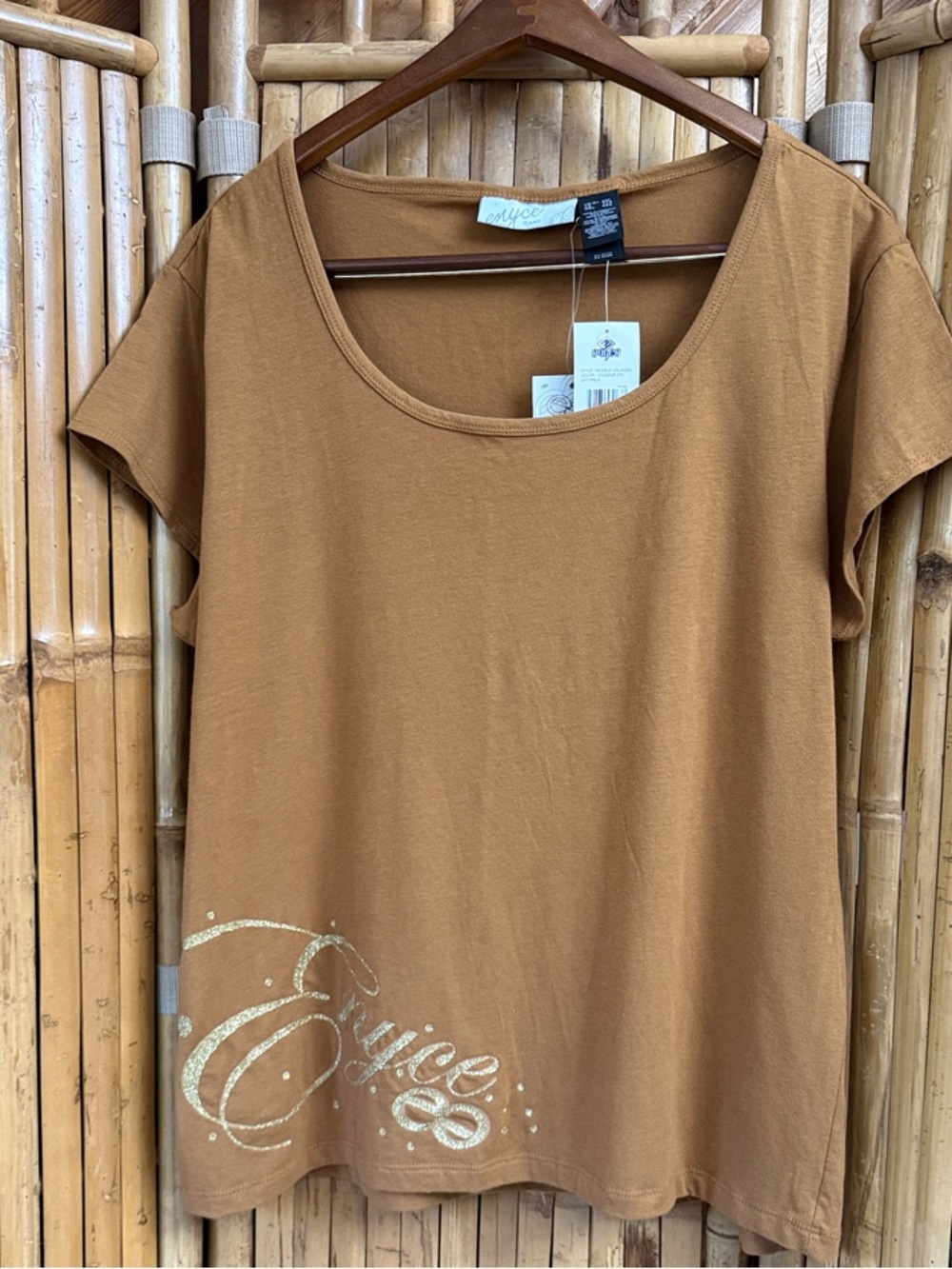 Enyce Tan Scoop Neck Short Sleeve Tee with Gold Script Accent Size XXL
